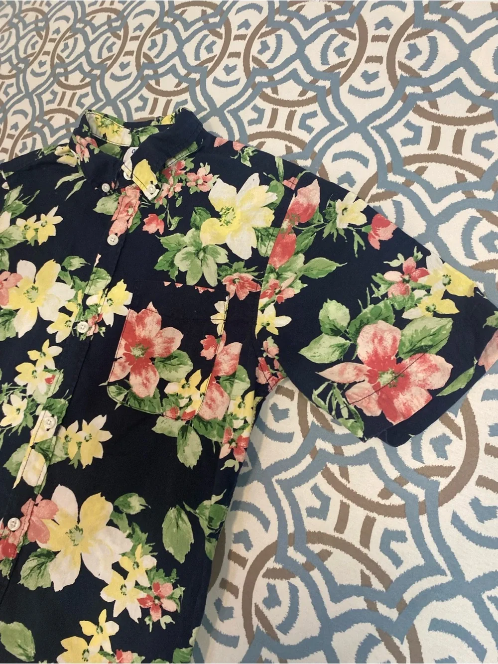 Boys Short-Sleeve Floral Button-Up Shirt - Black with Multi-Color Flowers